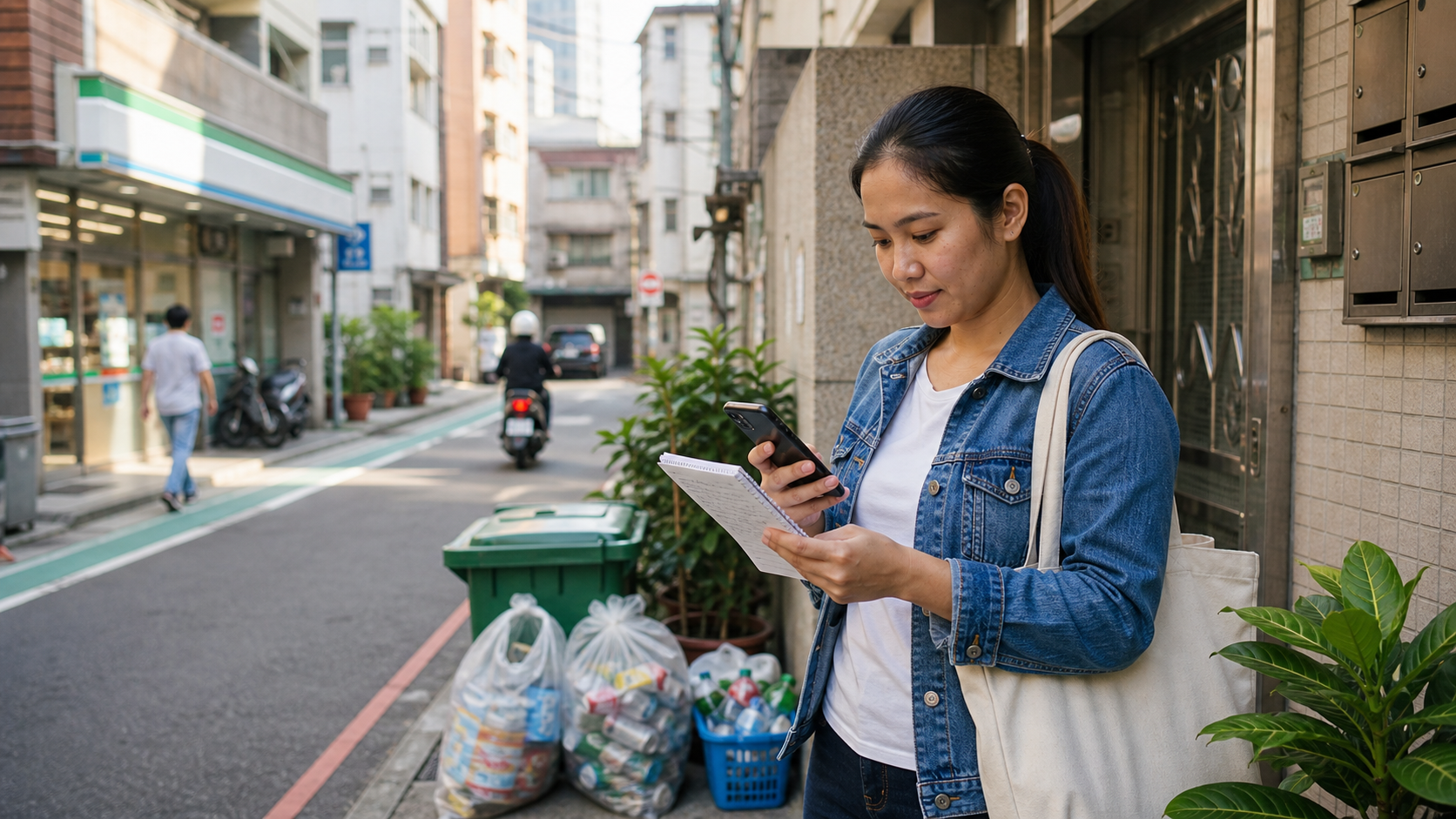 Pekerja migran memeriksa catatan harian di lingkungan permukiman Taiwan.