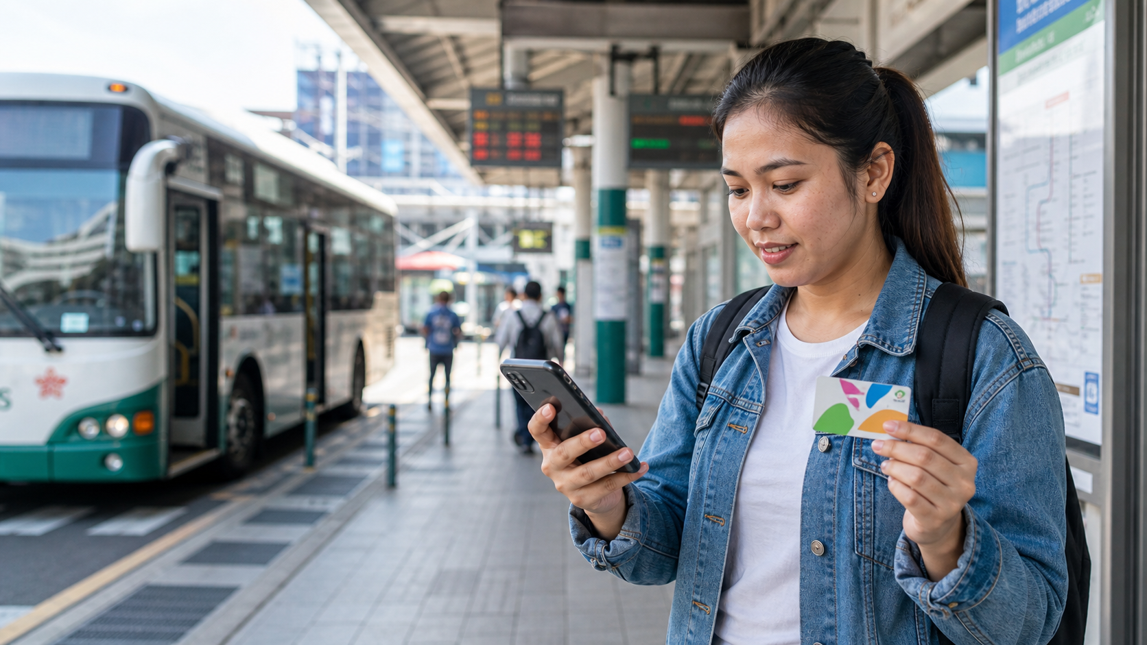 Pekerja migran memakai kartu transportasi dan ponsel di halte Taiwan.