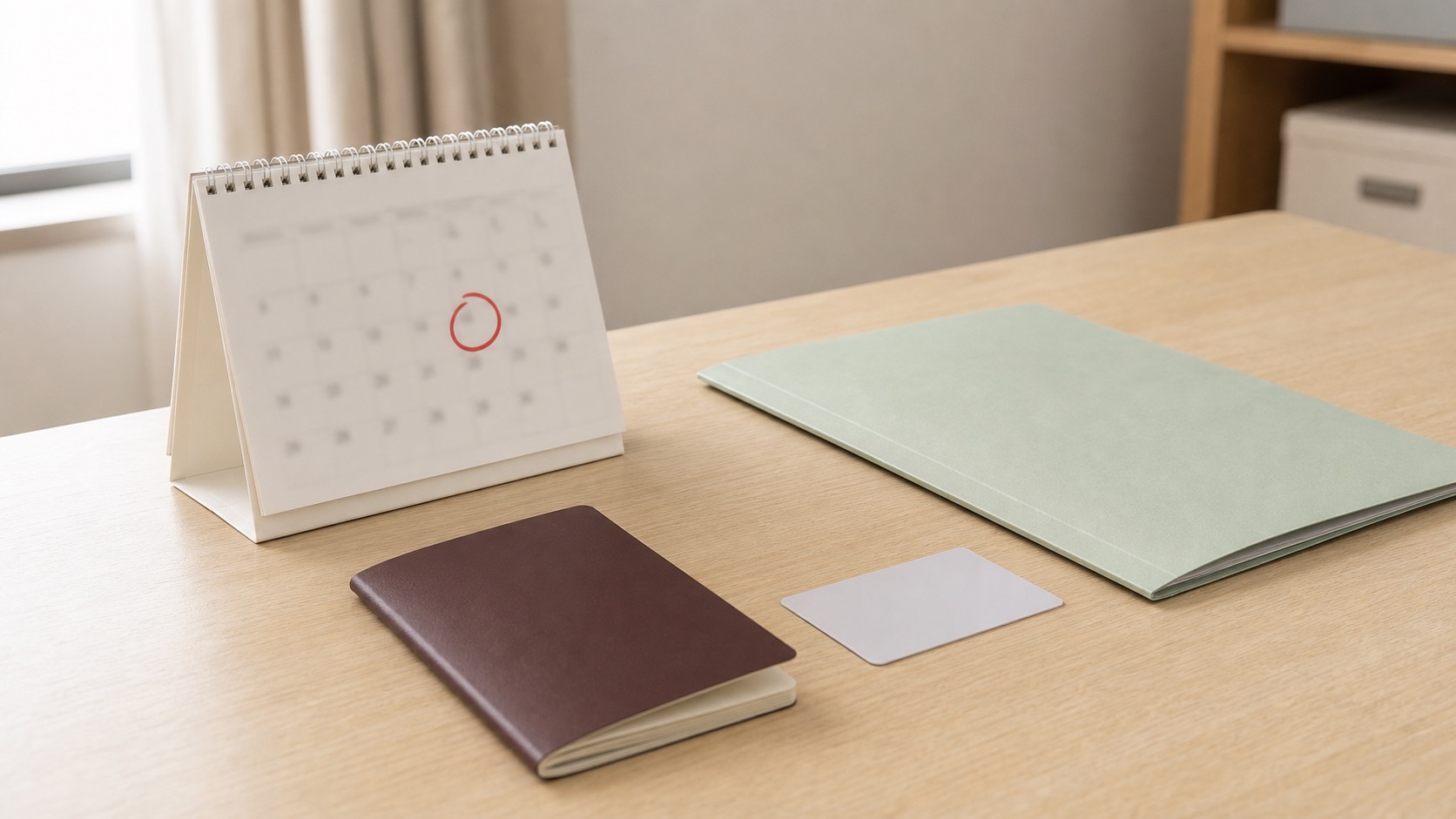 Passport, resident card, and a calendar with the expiry date circled.