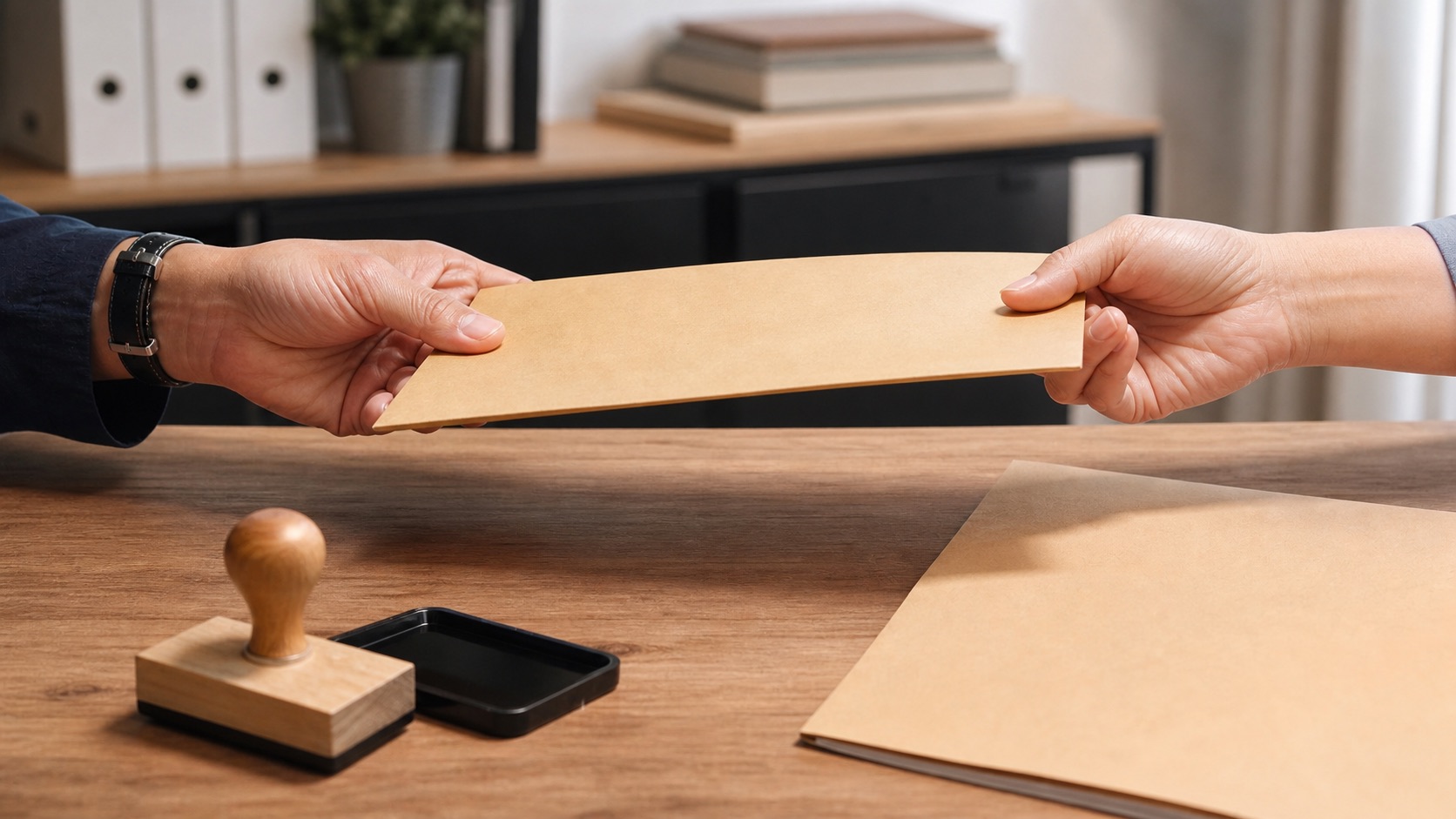 Document envelope changing hands with a stamp and folder on the desk.